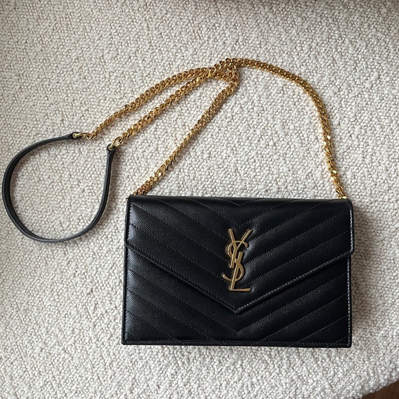 Yves Saint Laurent Cassandre Envelope Chain Wallet Grain de Poudre Leather Noir - Picture 2 of 7